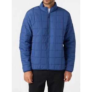 Voyager Mens Blue Grid Quilted Puffer Jacket Plaid Fleece Lined Full Zip Large